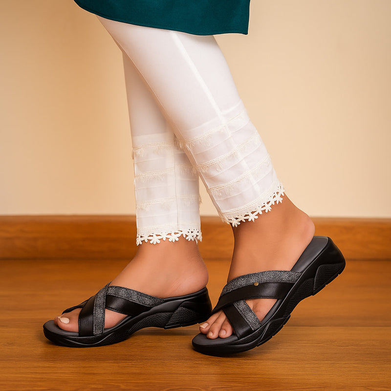 Ladies Leather Cross Strap Comfort Slipper | Pressure Point Insole ST-1005