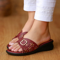 Ladies Leather Comfort Slipper Mehroon Buckle Style ST-1002