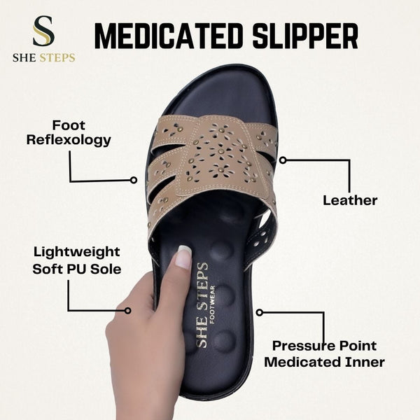 Ladies Leather Medicated Comfort Slipper ST-1003