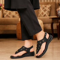 Black Floral T-Strap Comfortable Sandal For Women FT-5002