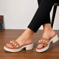 Pearl Embellished Platform Medicated Slides for Women Brown ST-1007