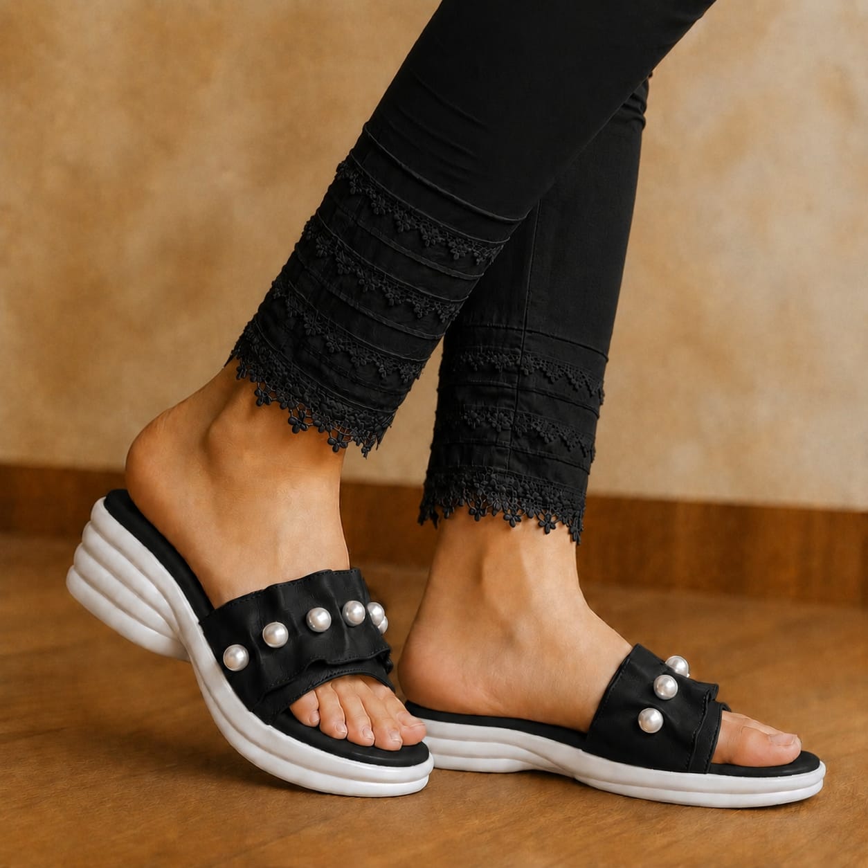 Pearl Embellished Platform Medicated Slides for Women ST-1007