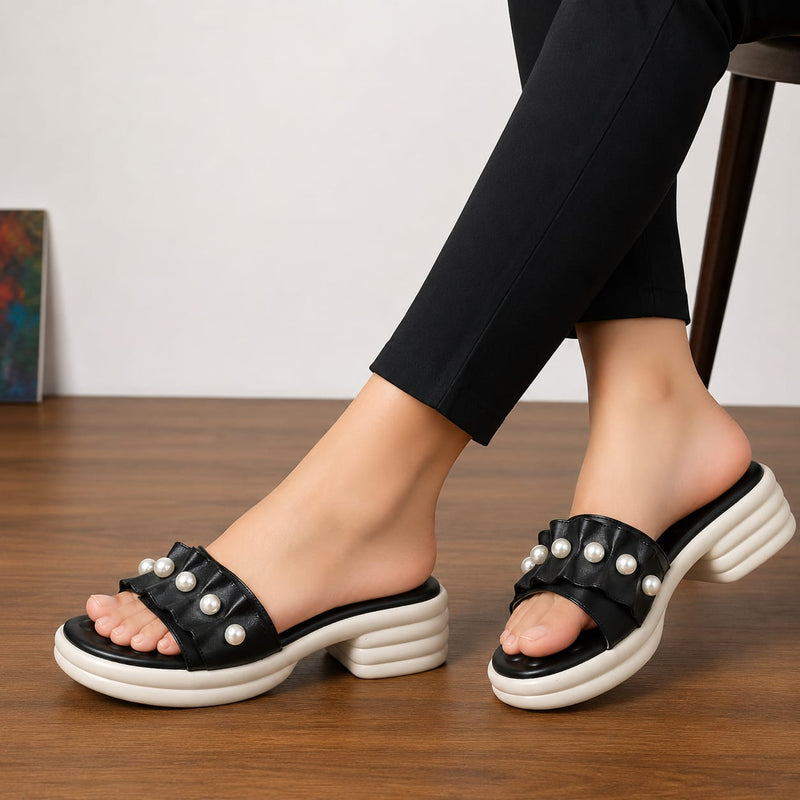 Pearl Embellished Platform Medicated Slides for Women 1007
