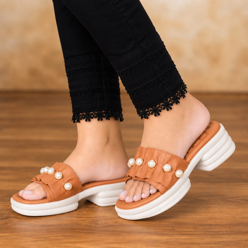 Pearl Embellished Platform Medicated Slides for Women Brown 1007