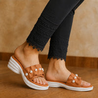 Pearl Embellished Platform Medicated Slides for Women Brown ST-1007
