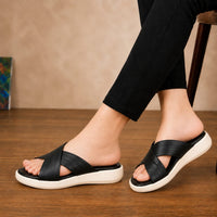 Ladies Leather Comfort Slipper – Pressure Point Support Black-1004