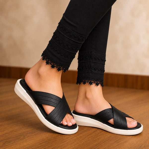 Ladies Leather Comfort Slipper – Pressure Point Support Black-1004