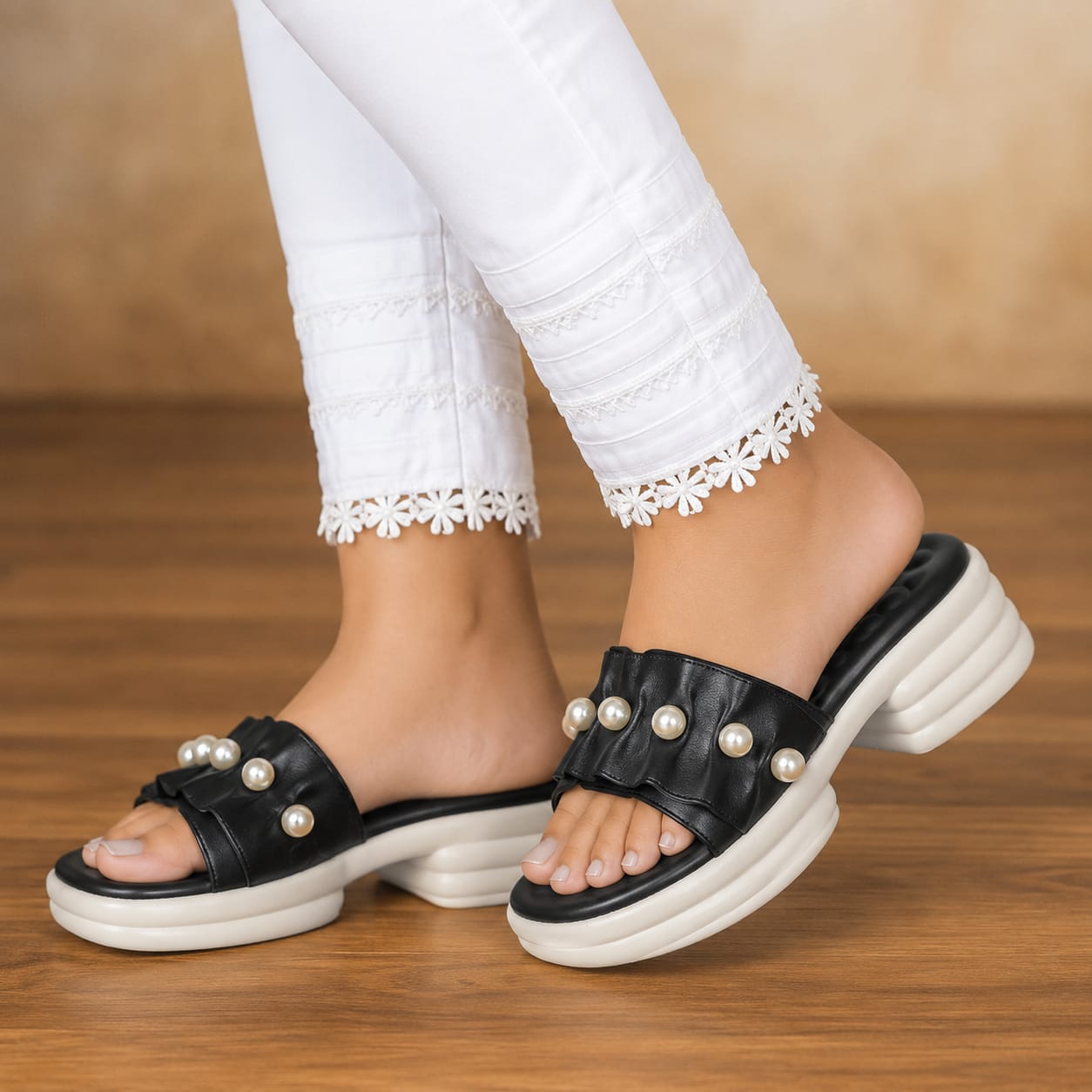 Pearl Embellished Platform Medicated Slides for Women ST-1007