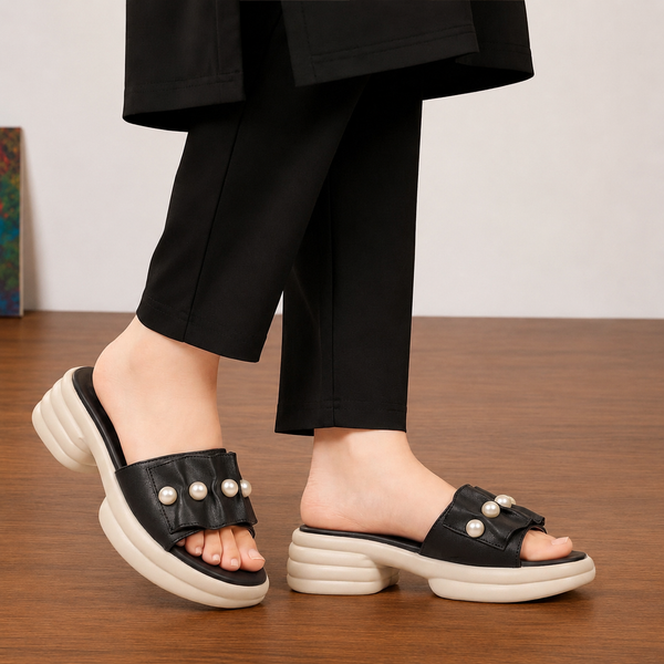Pearl Embellished Platform Medicated Slides for Women 1007