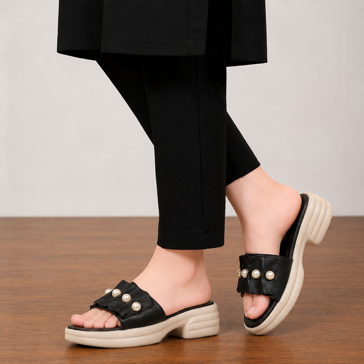Pearl Embellished Platform Medicated Slides for Women 1007